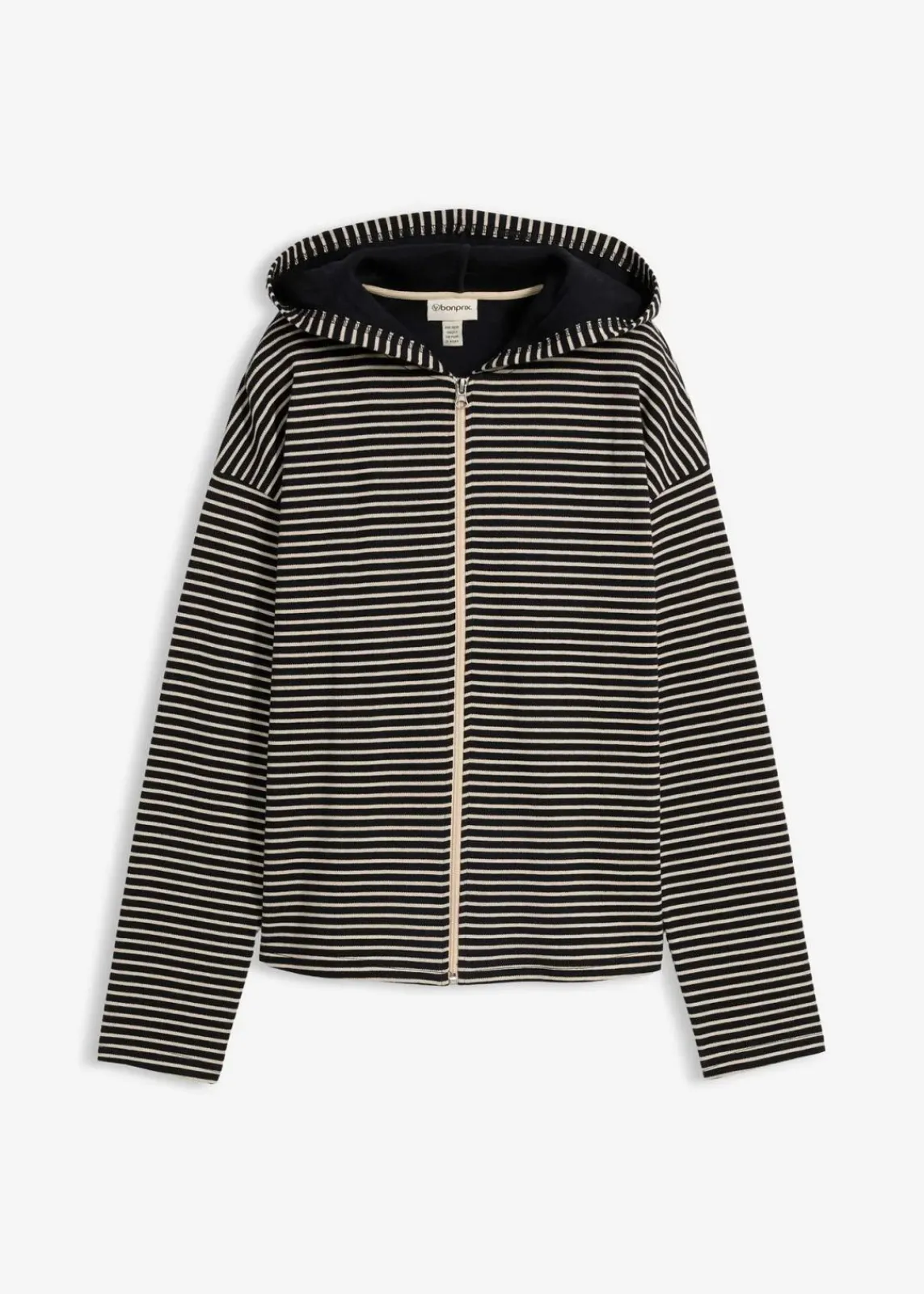bonprix Bekleidung·Blusen & Tuniken|Sweat^Gestreifte Sweatjacke aus Baumwoll-Mix schwarz/hellsand gestreift