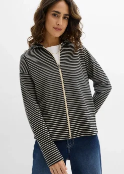 bonprix Bekleidung·Blusen & Tuniken|Sweat^Gestreifte Sweatjacke aus Baumwoll-Mix schwarz/hellsand gestreift