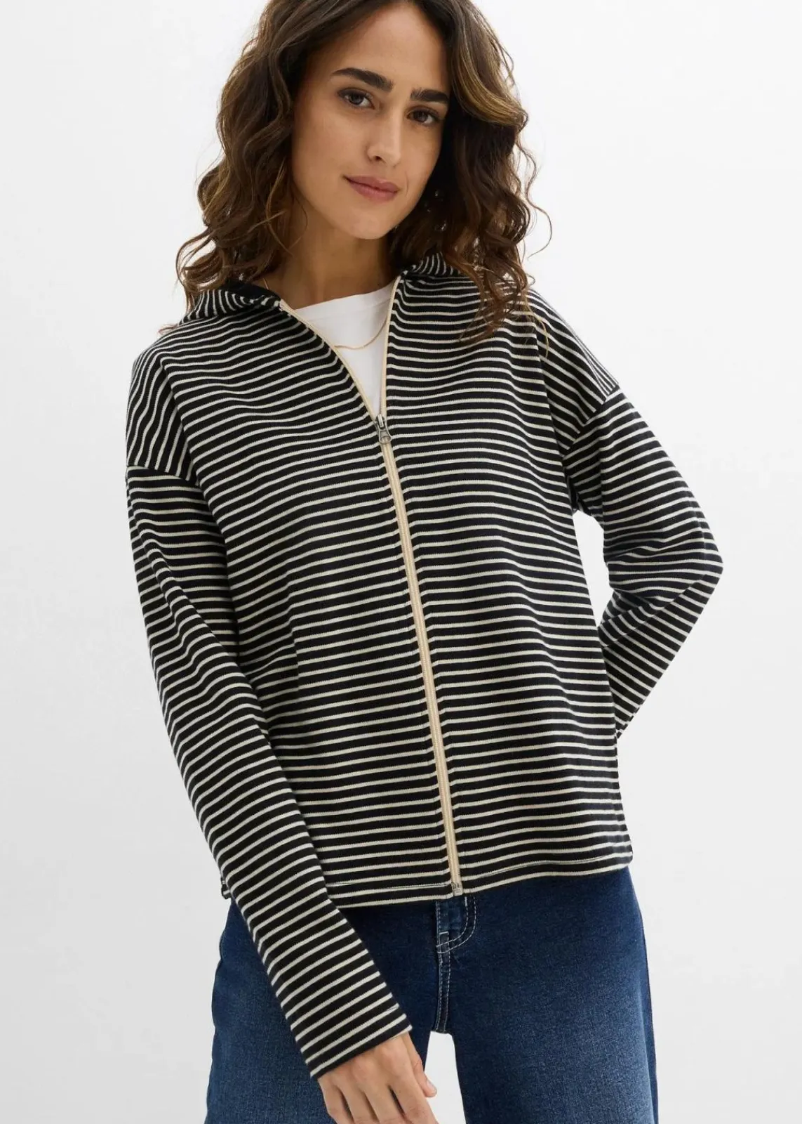 bonprix Bekleidung·Blusen & Tuniken|Sweat^Gestreifte Sweatjacke aus Baumwoll-Mix schwarz/hellsand gestreift