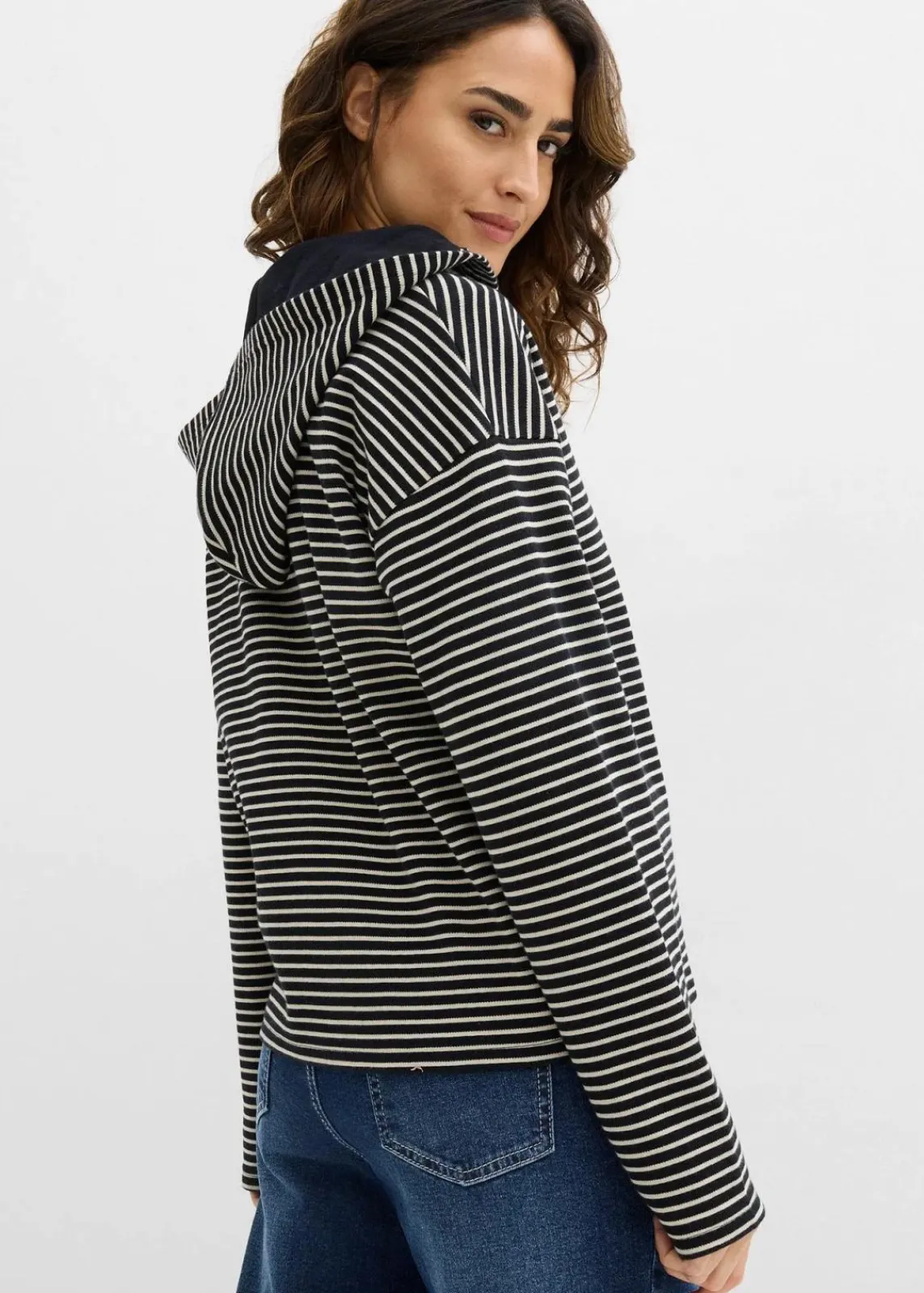 bonprix Bekleidung·Blusen & Tuniken|Sweat^Gestreifte Sweatjacke aus Baumwoll-Mix schwarz/hellsand gestreift