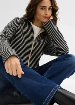 bonprix Bekleidung·Blusen & Tuniken|Sweat^Gestreifte Sweatjacke aus Baumwoll-Mix schwarz/hellsand gestreift