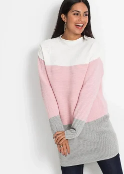bonprix Pullover & Strickjacken|Strickmode^Gestreifter Long-Pullover wollweiß/puderrosa/grau gestreift