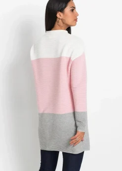 bonprix Pullover & Strickjacken|Strickmode^Gestreifter Long-Pullover wollweiß/puderrosa/grau gestreift