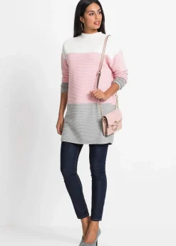 bonprix Pullover & Strickjacken|Strickmode^Gestreifter Long-Pullover wollweiß/puderrosa/grau gestreift