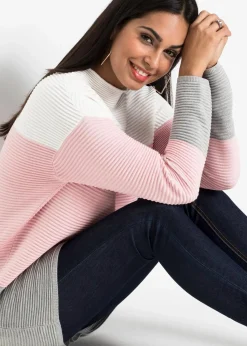 bonprix Pullover & Strickjacken|Strickmode^Gestreifter Long-Pullover wollweiß/puderrosa/grau gestreift