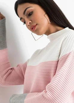 bonprix Pullover & Strickjacken|Strickmode^Gestreifter Long-Pullover wollweiß/puderrosa/grau gestreift
