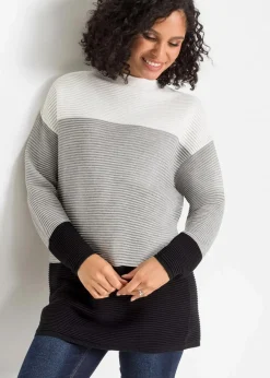 bonprix Bekleidung·Umstandsmode|Bekleidung·Jeans^Gestreifter Long-Pullover wollweiß/grau/schwarz gestreift