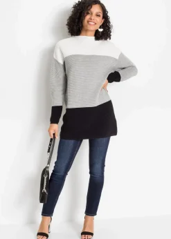bonprix Bekleidung·Umstandsmode|Bekleidung·Jeans^Gestreifter Long-Pullover wollweiß/grau/schwarz gestreift