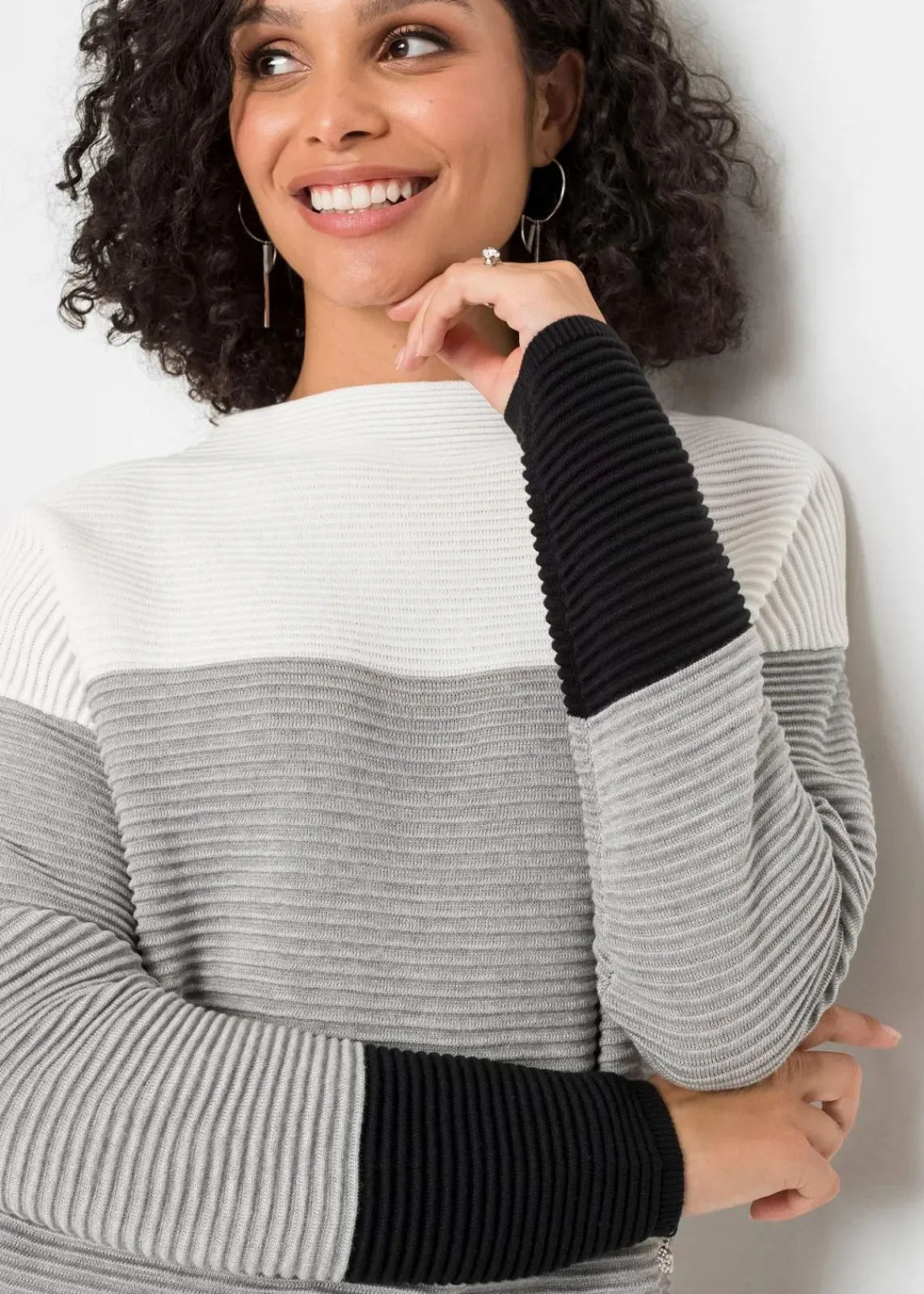 bonprix Bekleidung·Umstandsmode|Bekleidung·Jeans^Gestreifter Long-Pullover wollweiß/grau/schwarz gestreift