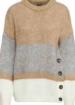 bonprix Bekleidung·Umstandsmode|Bekleidung·Jeans^Gestreifter Oversize-Pullover mit Knöpfen beige/hellgrau meliert/weiß