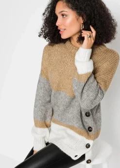 bonprix Bekleidung·Umstandsmode|Bekleidung·Jeans^Gestreifter Oversize-Pullover mit Knöpfen beige/hellgrau meliert/weiß