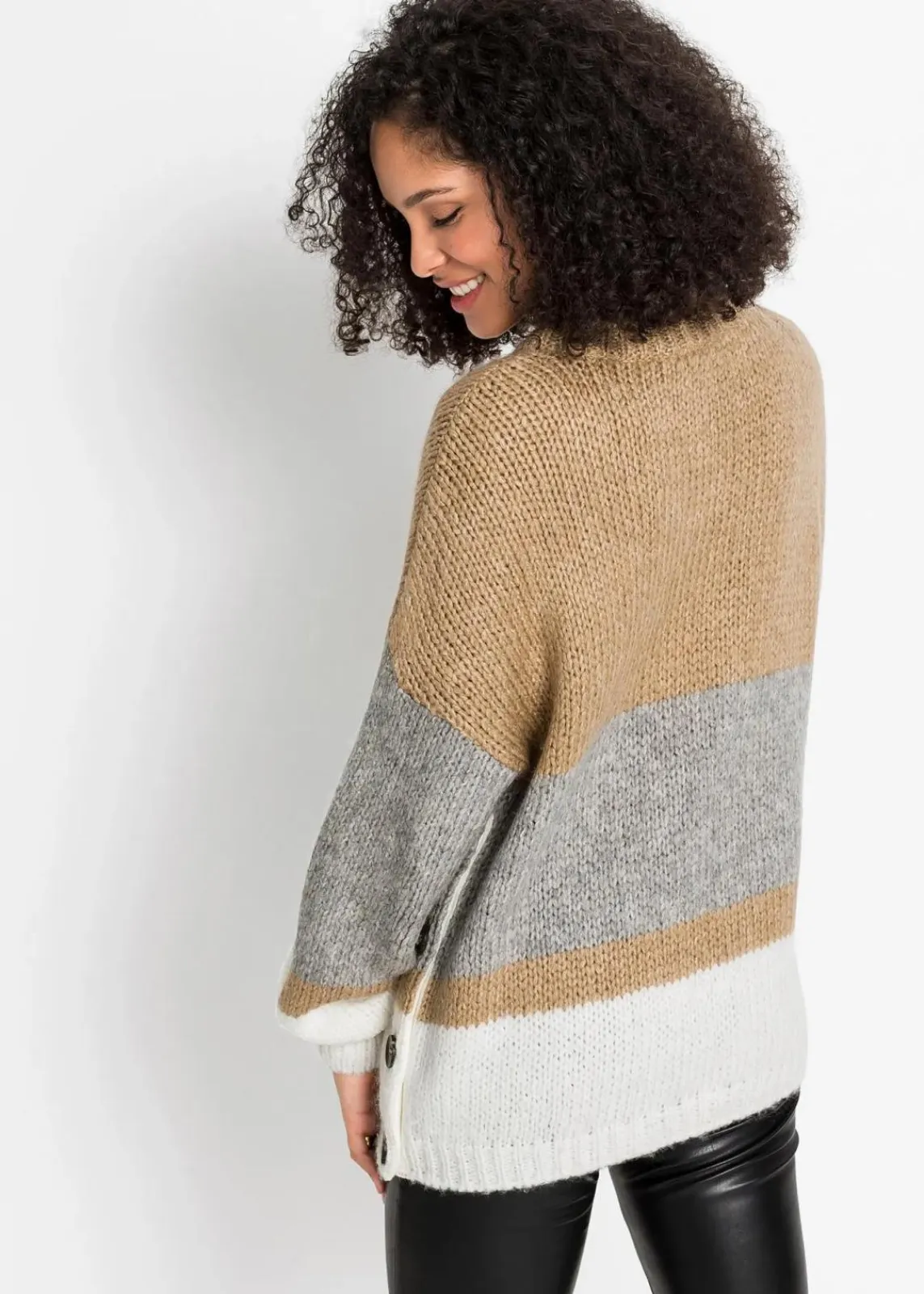 bonprix Bekleidung·Umstandsmode|Bekleidung·Jeans^Gestreifter Oversize-Pullover mit Knöpfen beige/hellgrau meliert/weiß