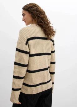 bonprix Bekleidung·Umstandsmode|Strickmode^Gestreifter Pullover hellsand/schwarz quer gestreift