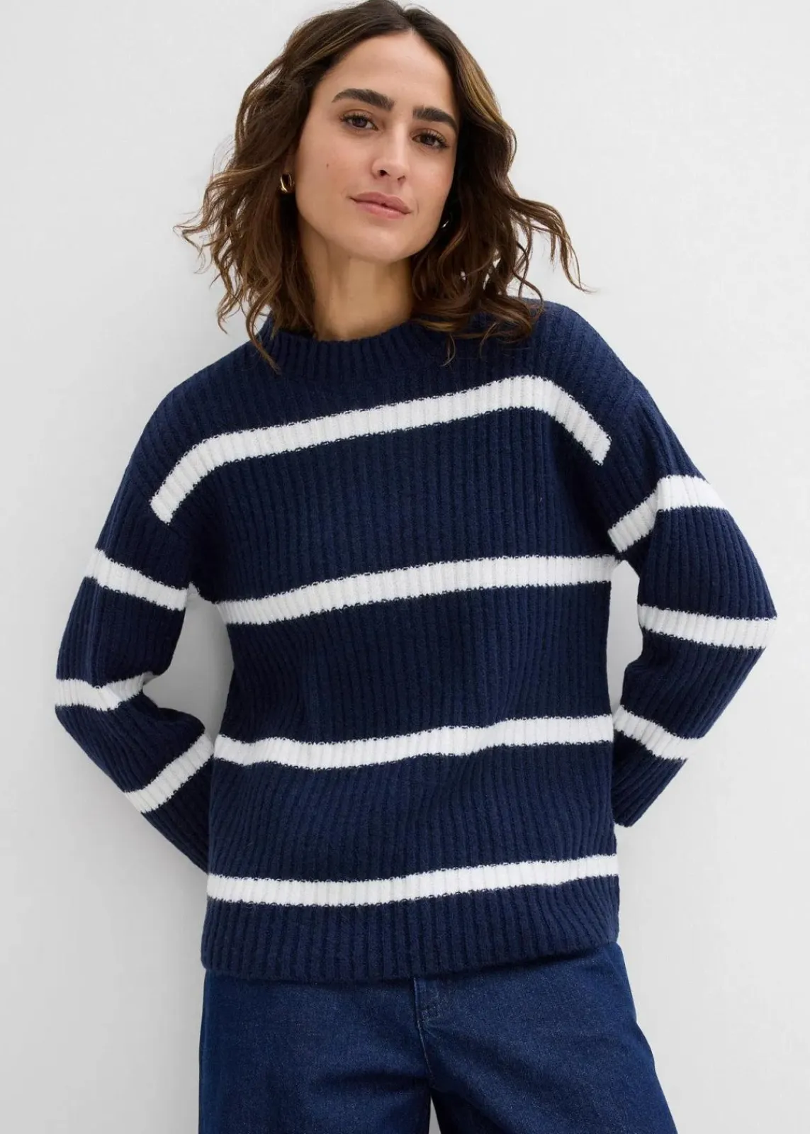 bonprix Bekleidung·Umstandsmode|Strickmode^Gestreifter Pullover dunkelblau/wollweiß quer gestreift