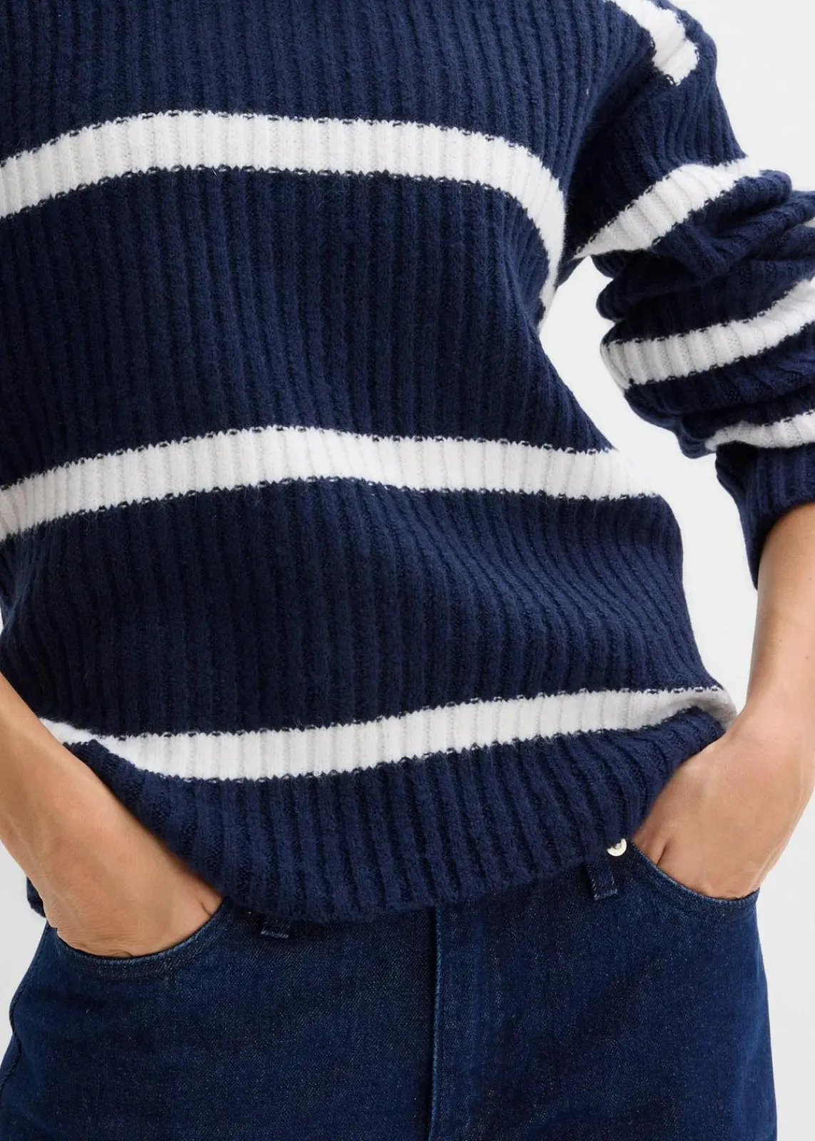 bonprix Bekleidung·Umstandsmode|Strickmode^Gestreifter Pullover dunkelblau/wollweiß quer gestreift