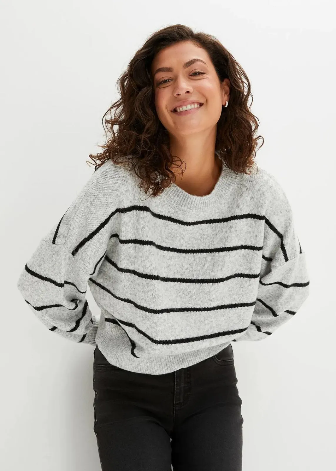 bonprix Bekleidung·Umstandsmode|Bekleidung·Jeans^Gestreifter Pullover im Oversized Fit hellgrau meliert/schwarz gestreift