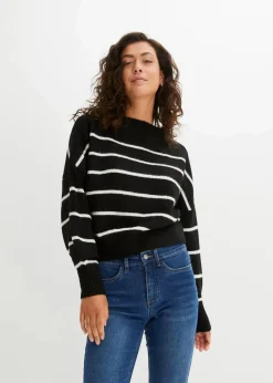 bonprix Pullover & Strickjacken|Strickmode^Gestreifter Pullover im Oversized Fit schwarz/wollweiß gestreift