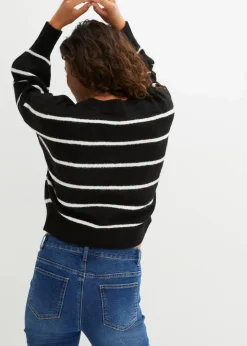 bonprix Pullover & Strickjacken|Strickmode^Gestreifter Pullover im Oversized Fit schwarz/wollweiß gestreift