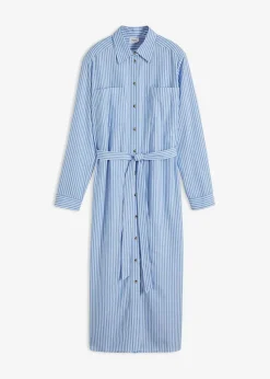 bonprix Bekleidung·Pullover & Strickjacken|Kleider^Gestreiftes Blusenkleid mit Bindeband mittelblau/weiß gestreift