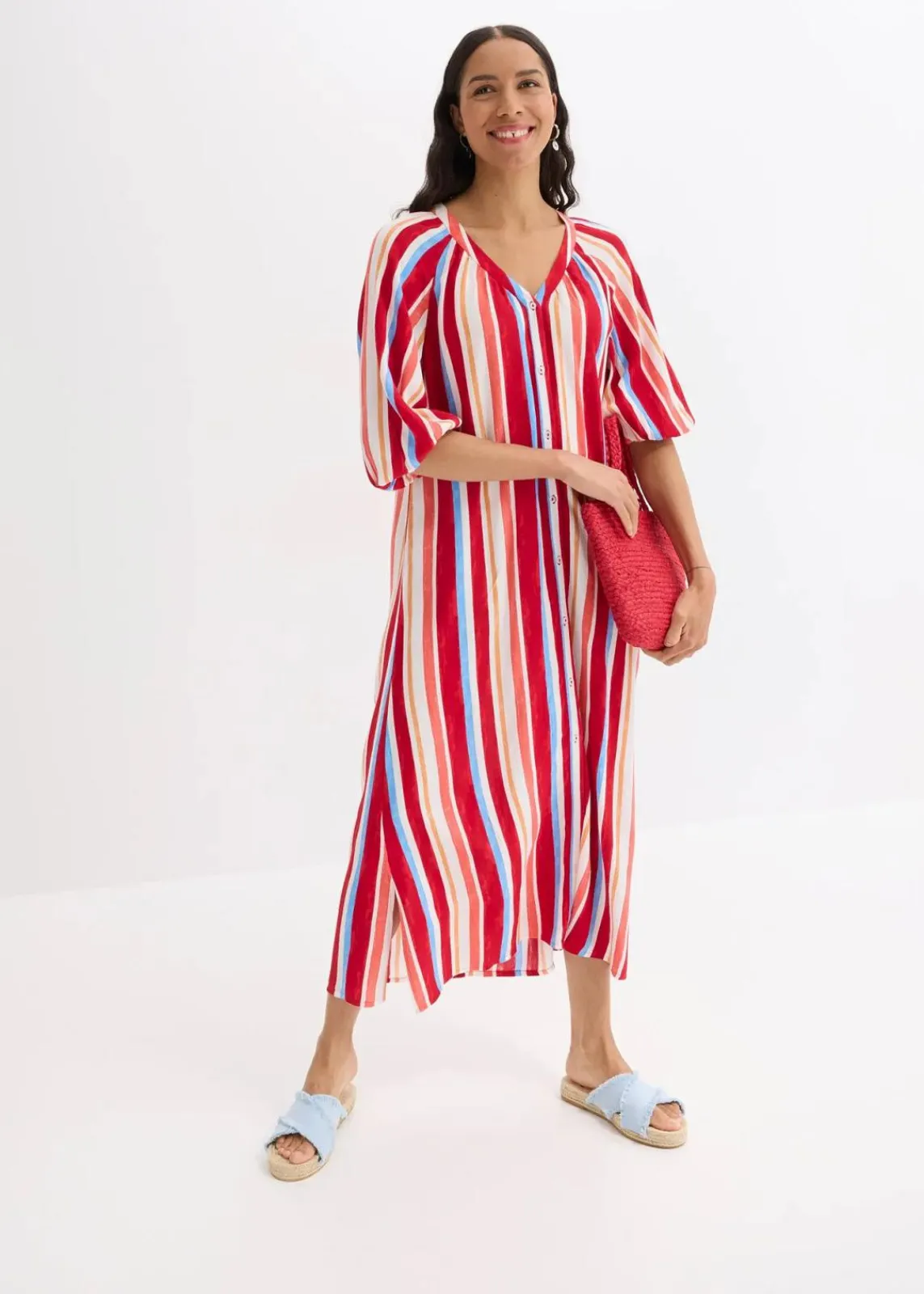 bonprix Kleider|Nachhaltigere Materialien^gestreiftes Kaftan-Kleid aus strukturierter Viskose mohnrot/helllachs/weiß gestreift
