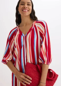 bonprix Kleider|Nachhaltigere Materialien^gestreiftes Kaftan-Kleid aus strukturierter Viskose mohnrot/helllachs/weiß gestreift
