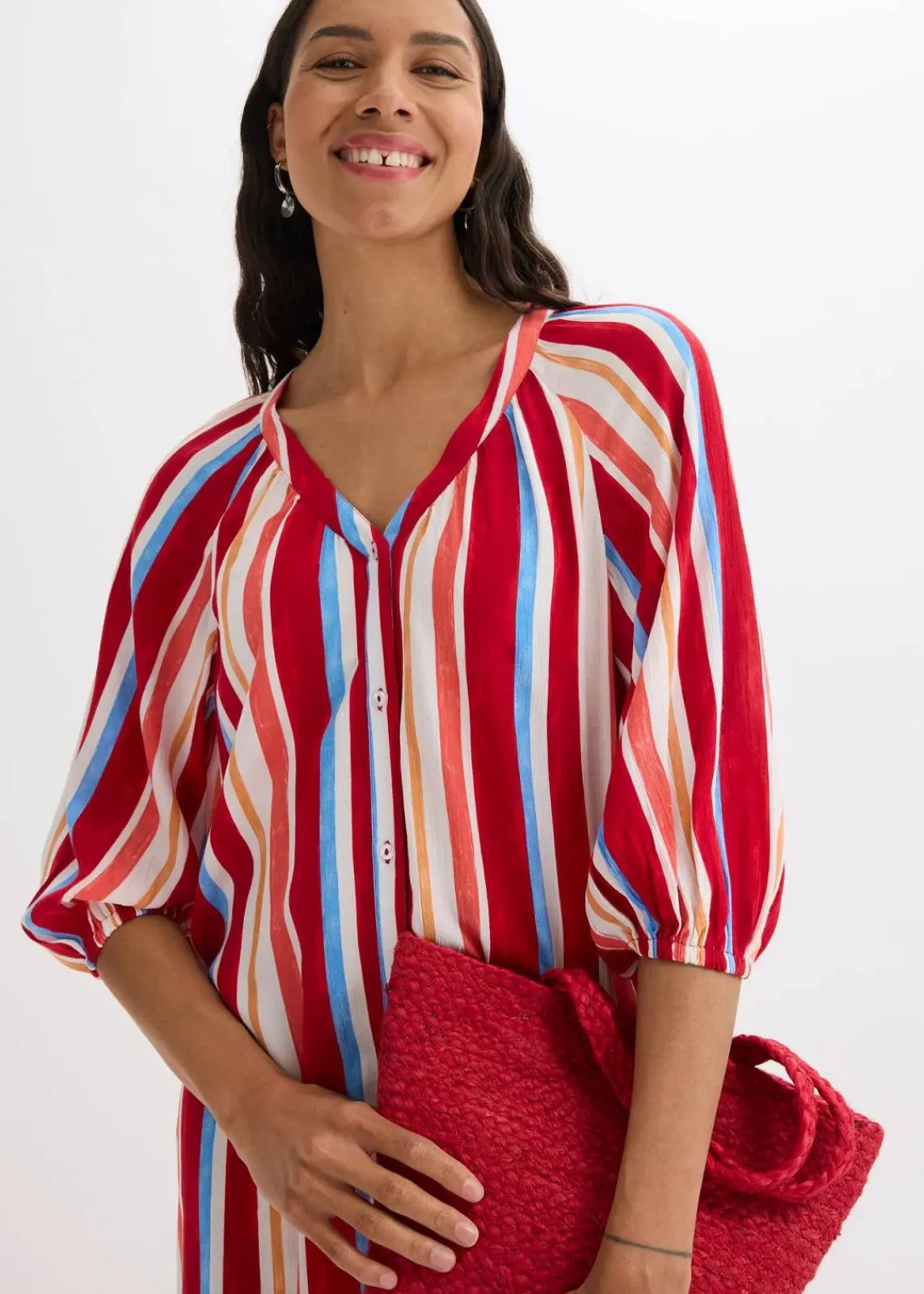 bonprix Kleider|Nachhaltigere Materialien^gestreiftes Kaftan-Kleid aus strukturierter Viskose mohnrot/helllachs/weiß gestreift