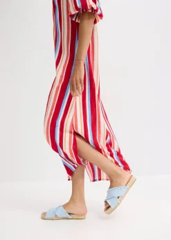 bonprix Kleider|Nachhaltigere Materialien^gestreiftes Kaftan-Kleid aus strukturierter Viskose mohnrot/helllachs/weiß gestreift