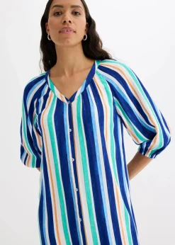 bonprix Bekleidung·Pullover & Strickjacken|Nachhaltigere Materialien^gestreiftes Kaftan-Kleid aus strukturierter Viskose arktikblau/hellblau/weiß gestreift