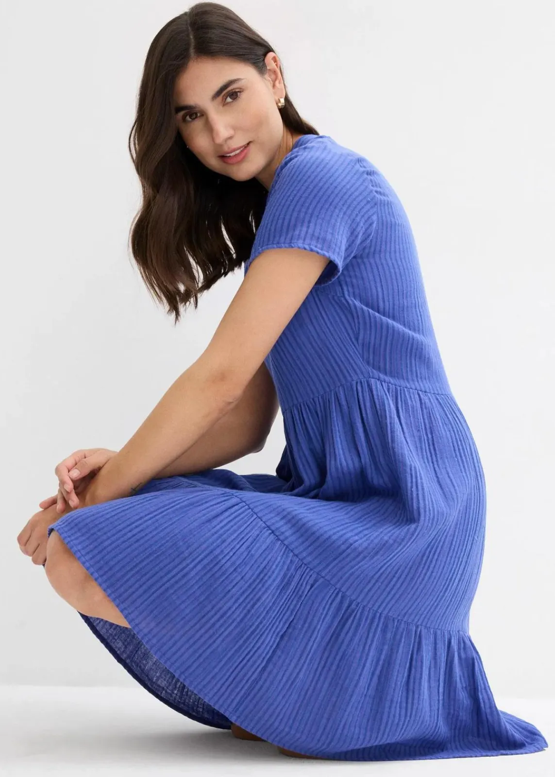 bonprix Bekleidung·Pullover & Strickjacken|Kleider^Gestreiftes Kleid aus Musselin lilablau/enzianblau gestreift
