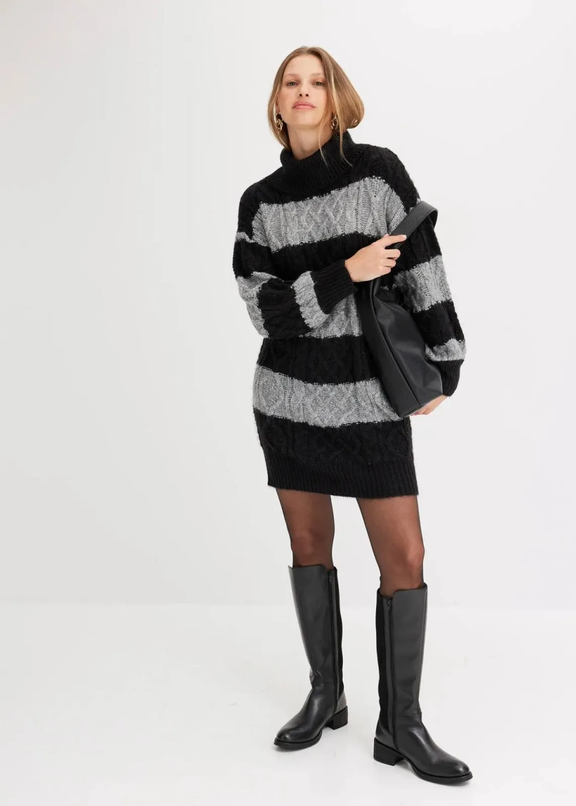bonprix Bekleidung·Umstandsmode|Bekleidung·Pullover & Strickjacken^Gestreiftes Strickkleid schwarz/grau meliert gestreift