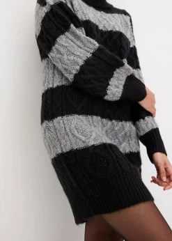 bonprix Bekleidung·Umstandsmode|Bekleidung·Pullover & Strickjacken^Gestreiftes Strickkleid schwarz/grau meliert gestreift