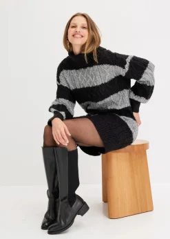 bonprix Bekleidung·Umstandsmode|Bekleidung·Pullover & Strickjacken^Gestreiftes Strickkleid schwarz/grau meliert gestreift