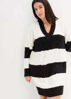 bonprix Bekleidung·Umstandsmode|Strickmode^Gestreiftes Strickkleid mit Zopfmuster schwarz/wollweiß gestreift