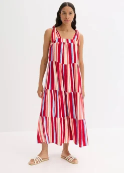 bonprix Kleider|Nachhaltigere Materialien^gestreiftes Trägerkleid aus strukturierter Viskose mohnrot/helllachs/weiß gestreift