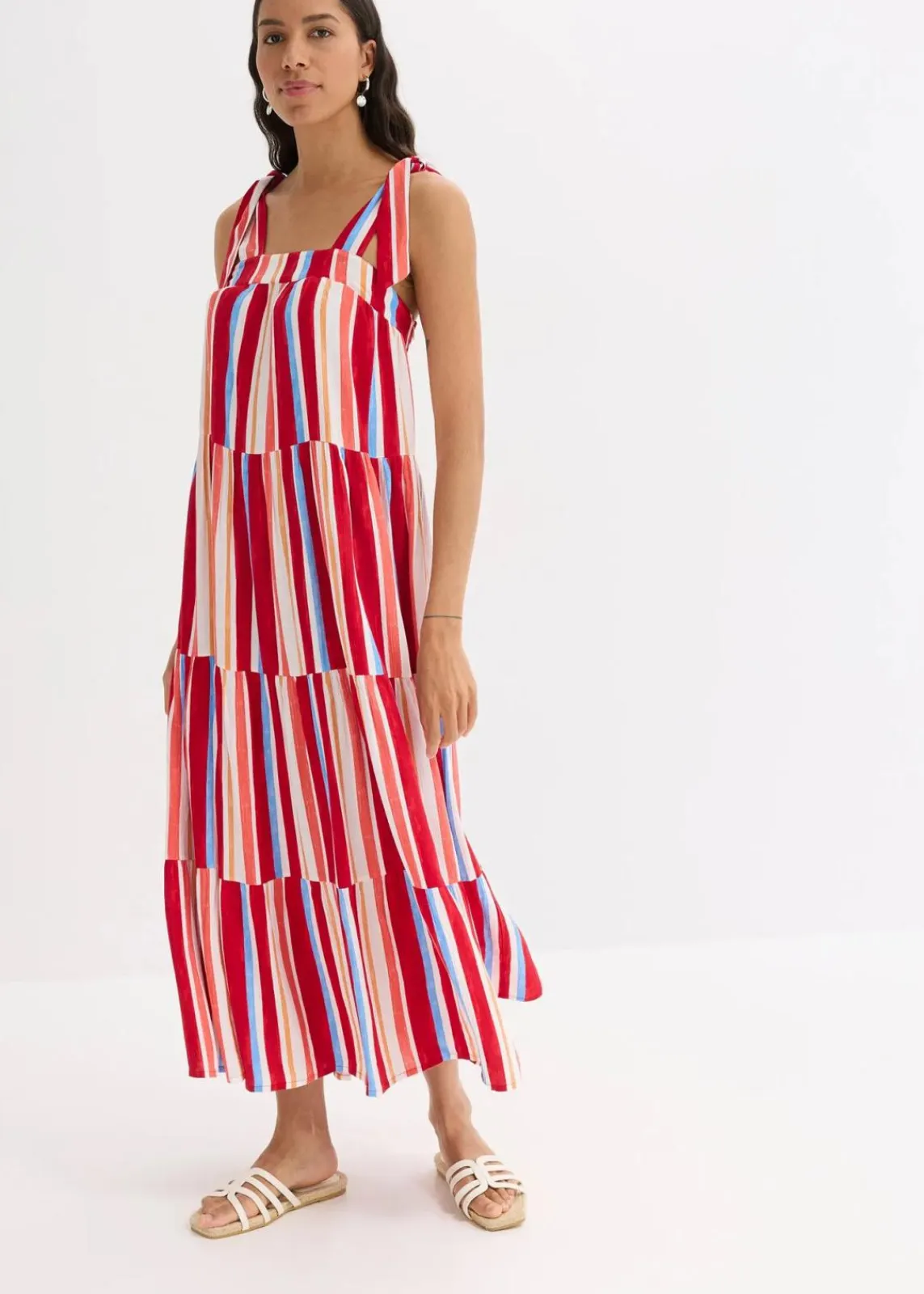 bonprix Kleider|Nachhaltigere Materialien^gestreiftes Trägerkleid aus strukturierter Viskose mohnrot/helllachs/weiß gestreift