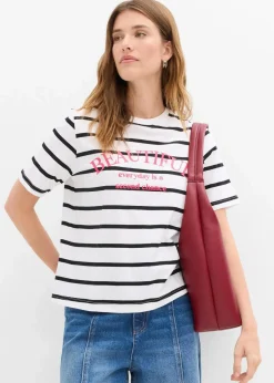 bonprix Shirts & Tops|Nachhaltigere Materialien^Gestreiftes T-Shirt aus reiner Baumwolle weiß/schwarz/hibiskuspink