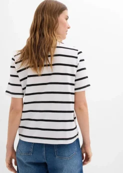 bonprix Shirts & Tops|Nachhaltigere Materialien^Gestreiftes T-Shirt aus reiner Baumwolle weiß/schwarz/hibiskuspink