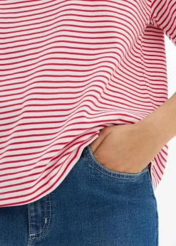 bonprix Shirts & Tops|Nachhaltigere Materialien^Gestreiftes T-Shirt mit Stickerei rot/weiß gestreift
