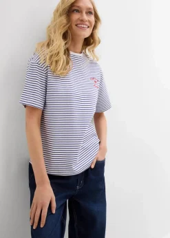 bonprix Nachhaltigere Materialien|Shirts & Tops^Gestreiftes T-Shirt mit Stickerei dunkelblau/weiß gestreift