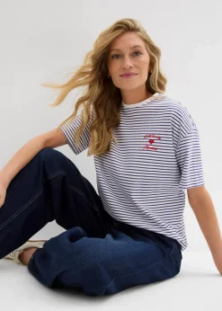 bonprix Nachhaltigere Materialien|Shirts & Tops^Gestreiftes T-Shirt mit Stickerei dunkelblau/weiß gestreift