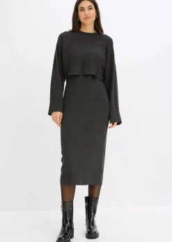 bonprix Kleider|Nachhaltigere Materialien^Gestricktes Kleiderset (2-tlg. Set) anthrazit meliert