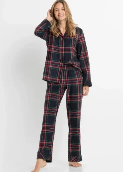 bonprix Wäsche·Nachtwäsche|Nachtwäsche^Gewebter Flanell Pyjama dunkelblau kariert