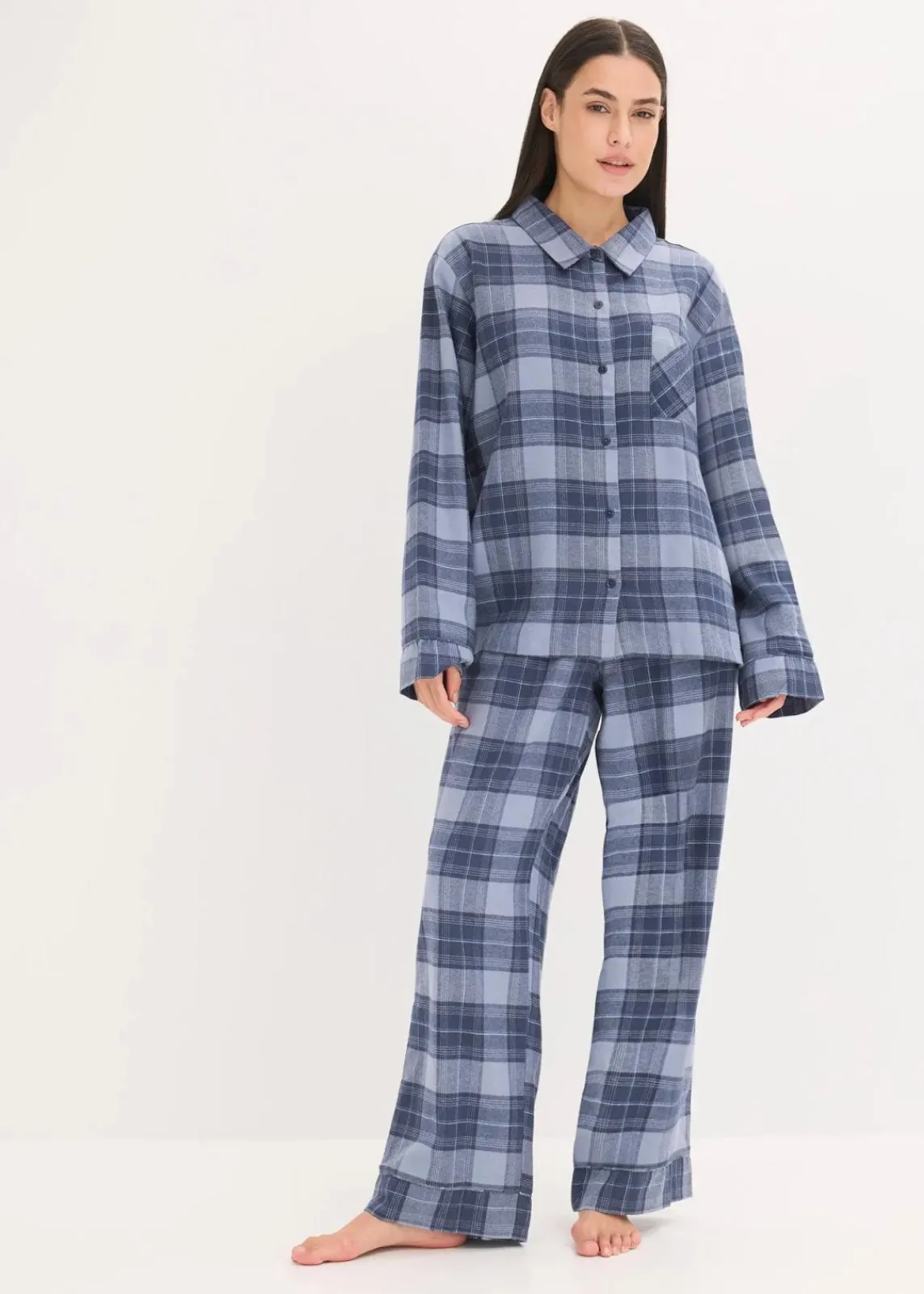 bonprix Wäsche·Nachtwäsche|Nachtwäsche^Gewebter Flanell Pyjama dunkelblau kariert
