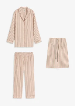 bonprix Nachtwäsche|Wäsche·Nachtwäsche^Gewebter Flanell Pyjama mit Geschenktasche schokosorbet/wollweiß gestreift
