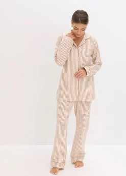 bonprix Nachtwäsche|Wäsche·Nachtwäsche^Gewebter Flanell Pyjama mit Geschenktasche schokosorbet/wollweiß gestreift