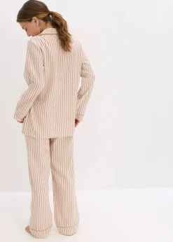 bonprix Nachtwäsche|Wäsche·Nachtwäsche^Gewebter Flanell Pyjama mit Geschenktasche schokosorbet/wollweiß gestreift