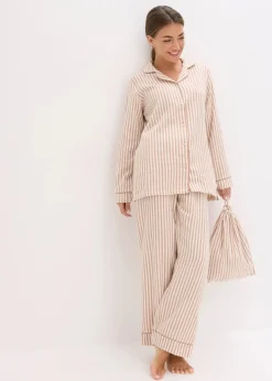 bonprix Nachtwäsche|Wäsche·Nachtwäsche^Gewebter Flanell Pyjama mit Geschenktasche schokosorbet/wollweiß gestreift
