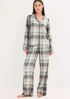 bonprix Wäsche·Nachtwäsche|Nachtwäsche^Gewebter Flanell Pyjama mit Glitzergarn und Geschenktasche naturbeige/grau kariert