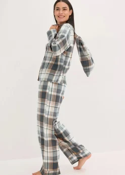 bonprix Wäsche·Nachtwäsche|Nachtwäsche^Gewebter Flanell Pyjama mit Glitzergarn und Geschenktasche naturbeige/grau kariert