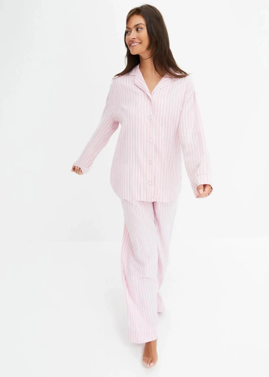 bonprix Wäsche·Nachtwäsche|Nachtwäsche^Gewebter Flanell Pyjama mit Geschenktasche rauchorchidee/hellrosa gestreift